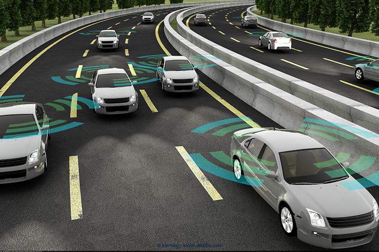 An infographic illustration of grey cars using radar signals, represented by blue and green lines, to detect vehicles in their blind spots. The grey cars are driving along a three-line highway.