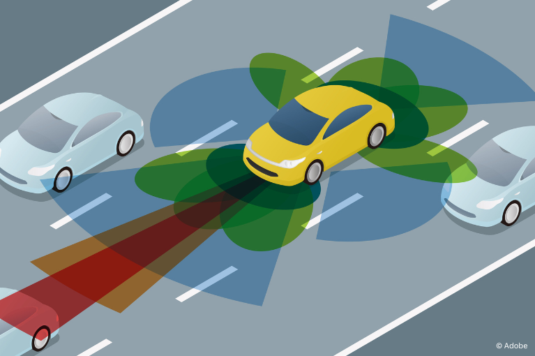 An infographic illustration of a yellow car using radar systems (represented by colorful, overlapping oval and triangular shapes) to detect nearby cars.