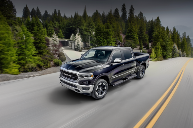 A 2022 Ram 1500 with an eTorque engine is being driven on a single-lane highway in the forested mountains.