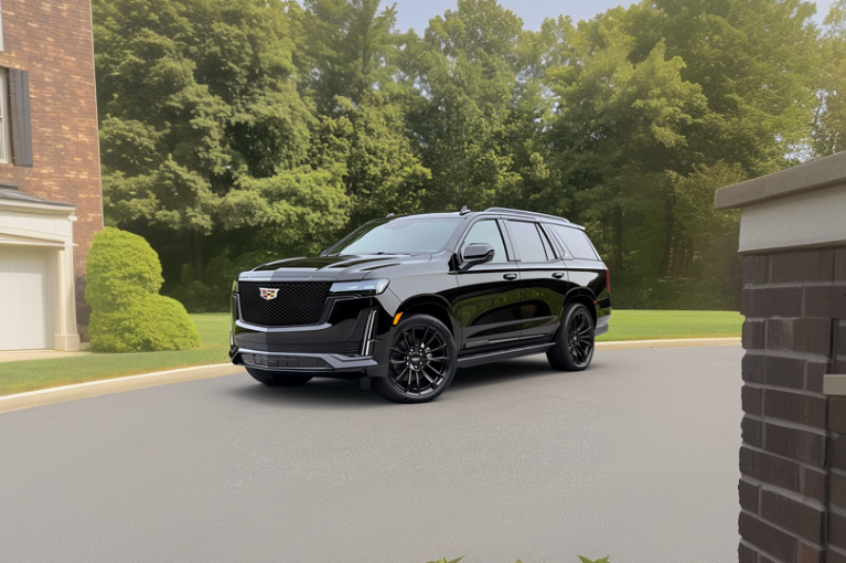 A 2024 Cadillac Escalade parked in an empty driveway of a brick house.